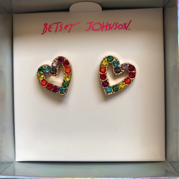 Betsey Johnson Gold Tone Open Frame Heart Stud Earrings Multicolored Crystal NIB - Picture 8 of 12
